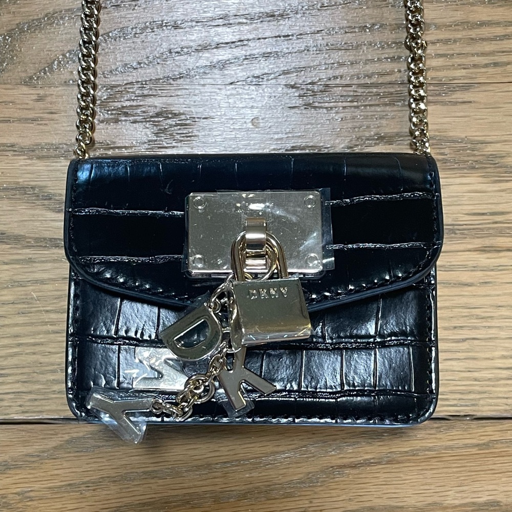 NWOT - DKNY Elissa Micro Mini Faux Leather Black Croc-Embossed Crossbody Purse
